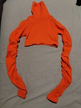 Women's Orange Cropped Turtleneck with Ruched Long Sleeves